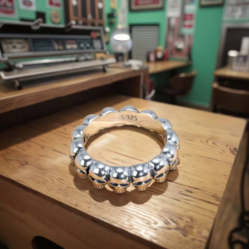 Handmade Classic Puck Closed Design Rhodium Fine Jewelry Retro Style 925 Sterling Silver Skeleton Ring for Men Party Everyday