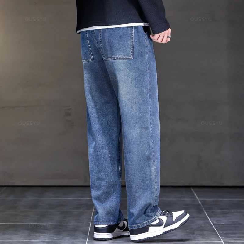 2025 New Autumn Winter Jeans Men Loose Straight Drawstring Elastic Waist Casual Denim Trousers Male Thick Pants Large Size M5XL W250905