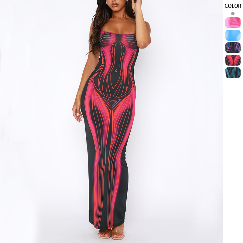 2025 Spring Summer Womens New Slimming Strapless Printed Striped Long Dress