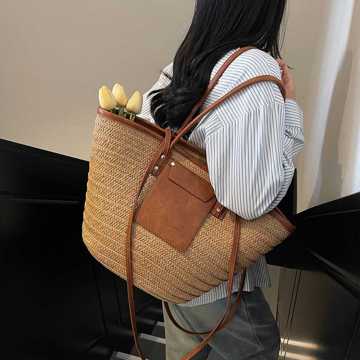 Shoulder Bag Forest Straw Bag Womens Seaside Vacation Woven Beach Bag Summer Handmade Bag New Style with Skirt Tote Bag Work Clothing to Work Bag Trav