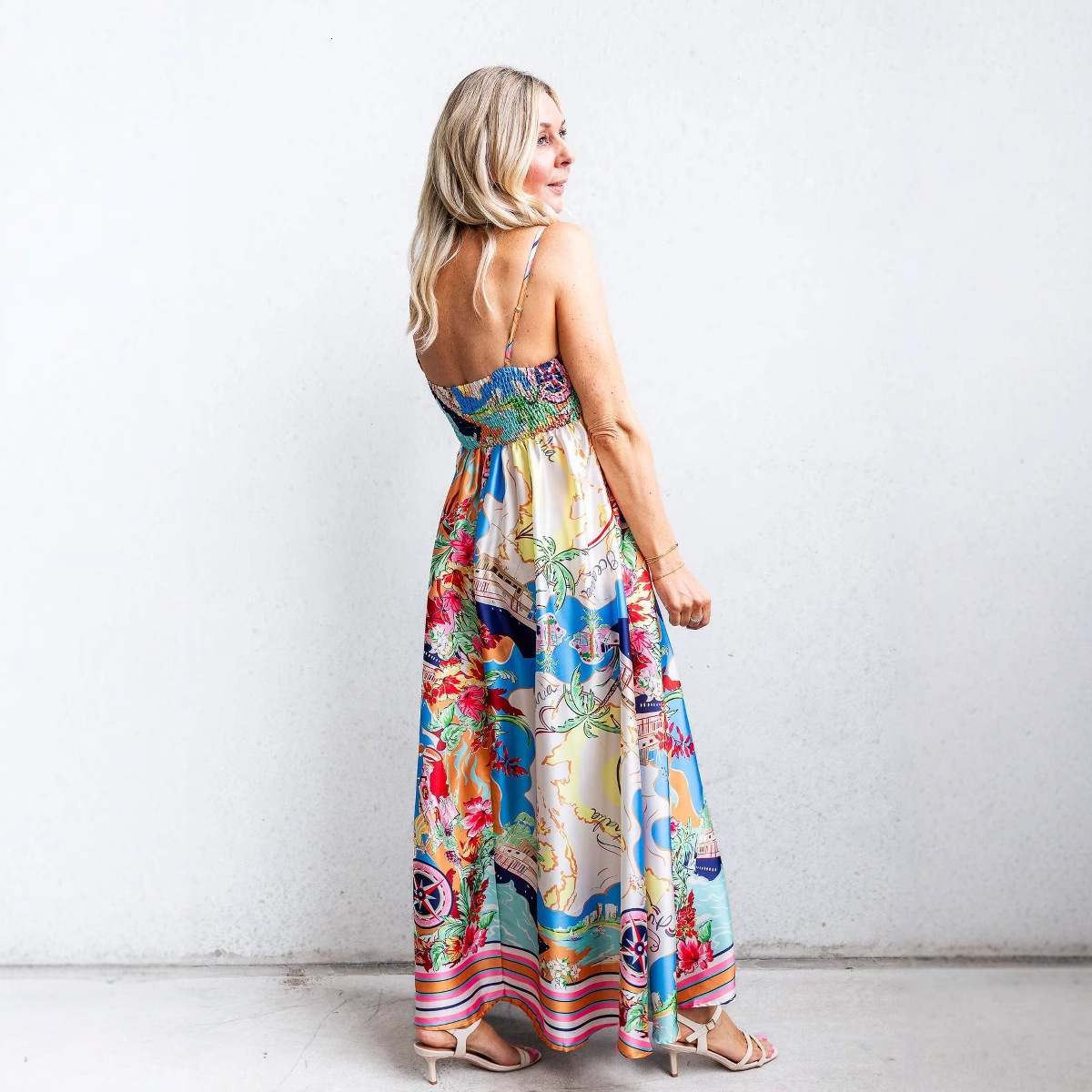 25 Summer Style New Sexy Womens High Waist Printed Vacation Style Flared Strap Dress