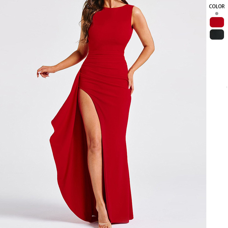 2025 Summer New Style Solid Color Round Neck High Slit Sexy Backless Dress Women Slim Fit Long Dress