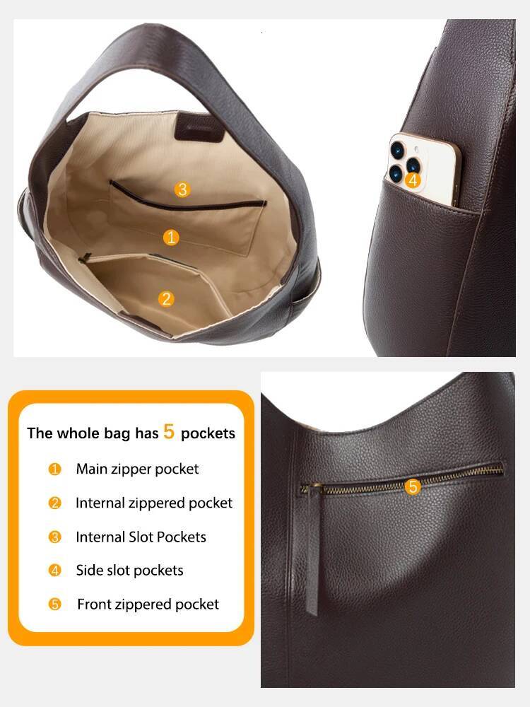 Zency Vintage Women's Genuine Leather Top Quality Large Hobo Shoulder Designer Bag