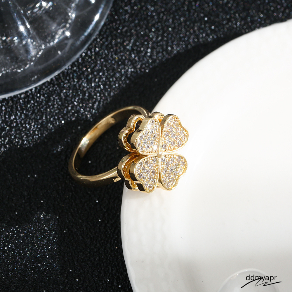 Sier-Plated Cubic ddmyday Zirconia Clover Ring With Rotating Feature - Elegant Stackable Accessory ddmyday ddmyday