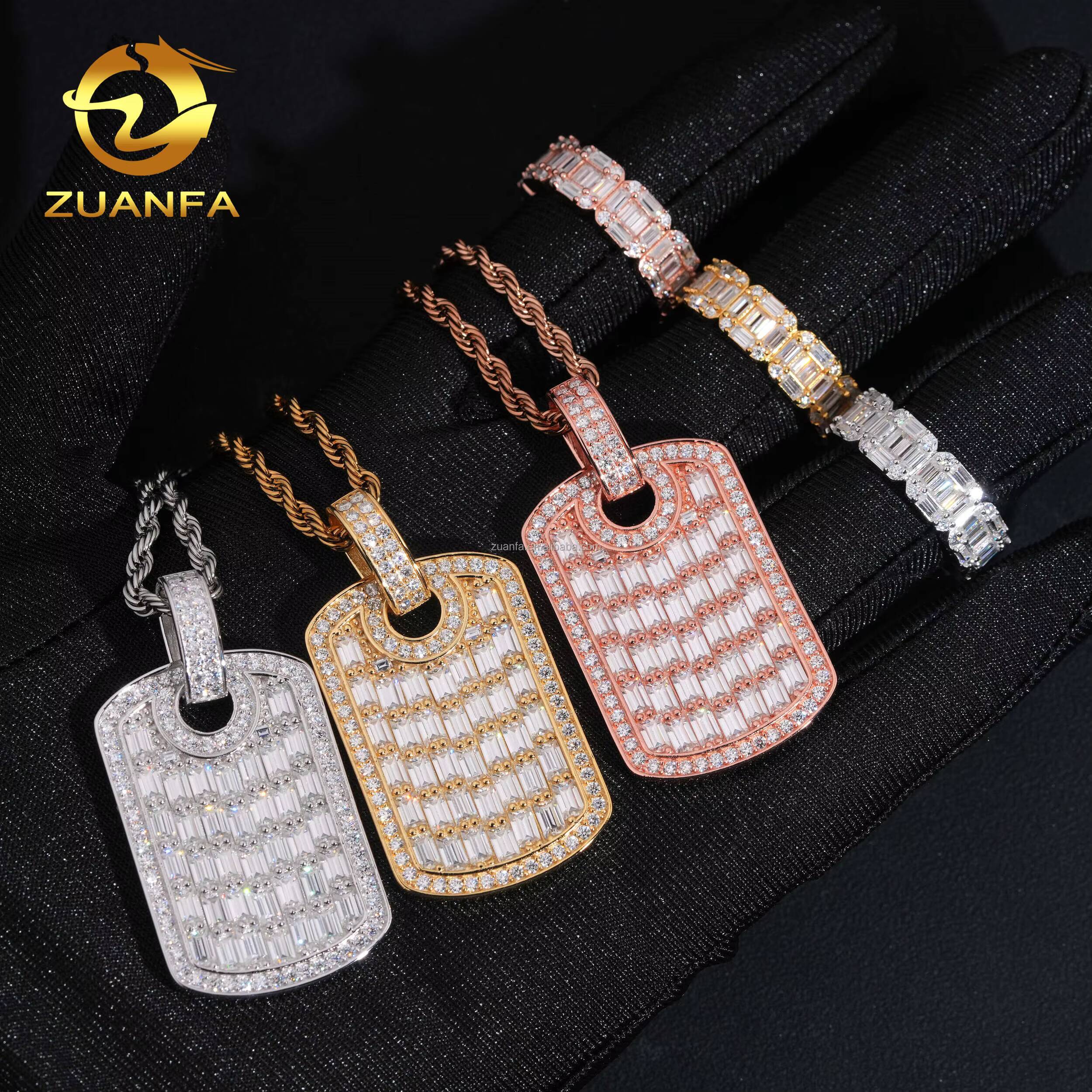 Drop Shipping Luxury Jewelry Hip Hop Pendant 925 Silver Vvs Baguette Moissanite Diamond Tag Pendant Band Ring Set With GRA