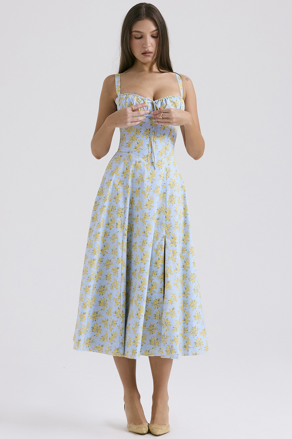 Summer New Sexy Backless Slim Strap Dress Vacation Style Floral Split MidLength Dress