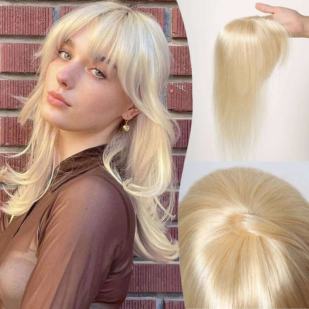 613# Blonde Human For Women Silk Base Clips In Toppers With Fringe 12 Inch Straight Piece for Thinning Hair