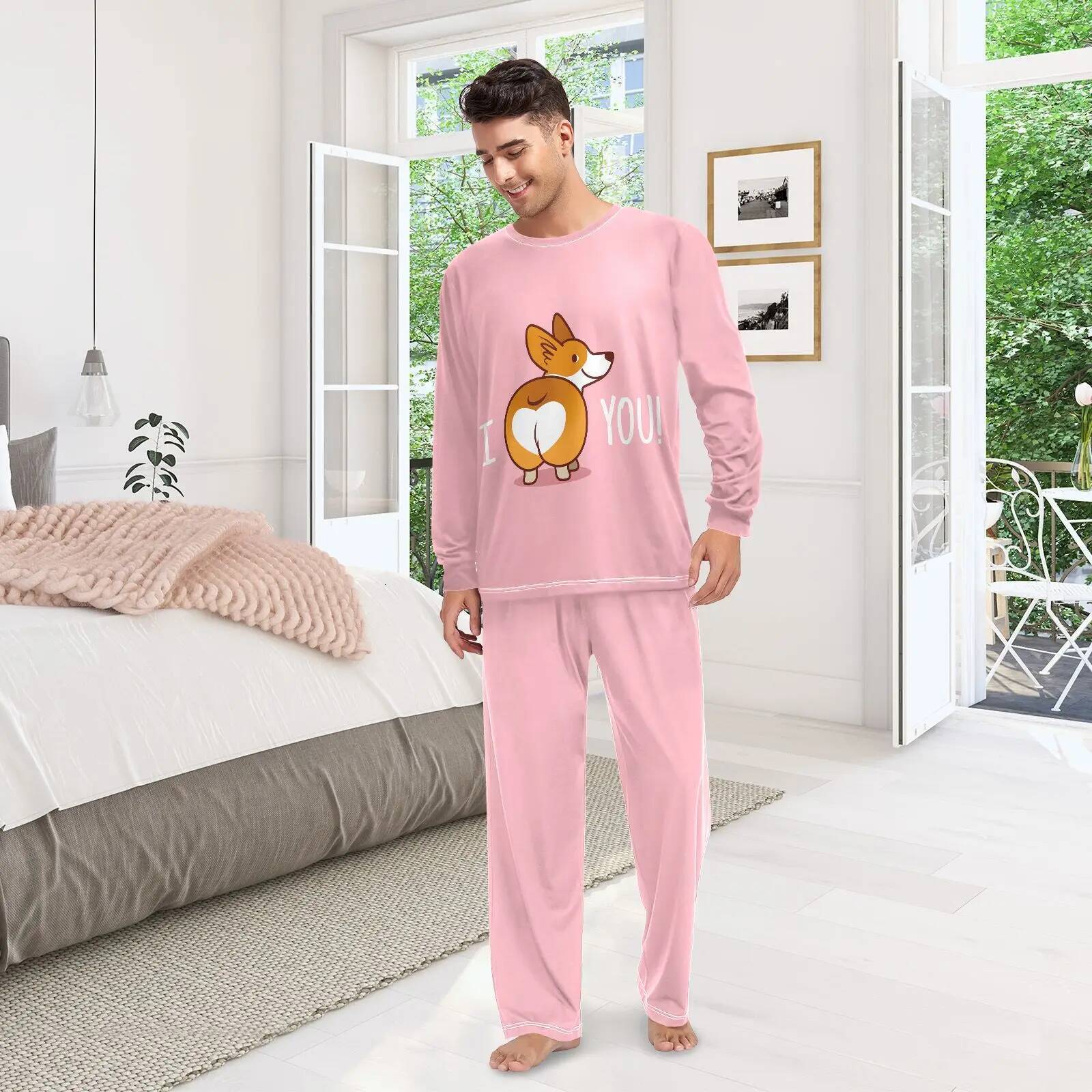 Couple's pama set Loose Women Cute dog print Home Sleepwear Spring Autumn Trousers For Men Pijama Elastic Long Pants pyjama