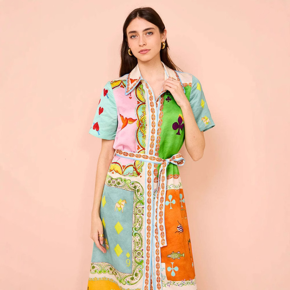 2025 Spring New Womens Fashion Elegant Printed Cardigan Lapel Tie Dress
