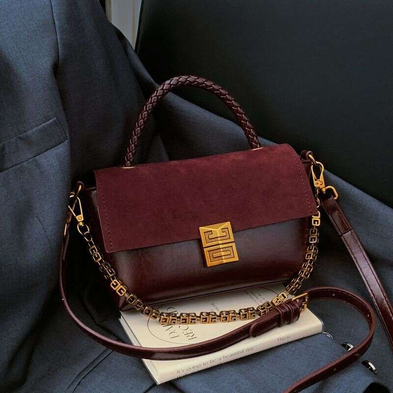 This Year's Popular Oil Wax Leather Splicing Design Small Square Bag, Elegant Women's Handbag, Versatile Frosted Single