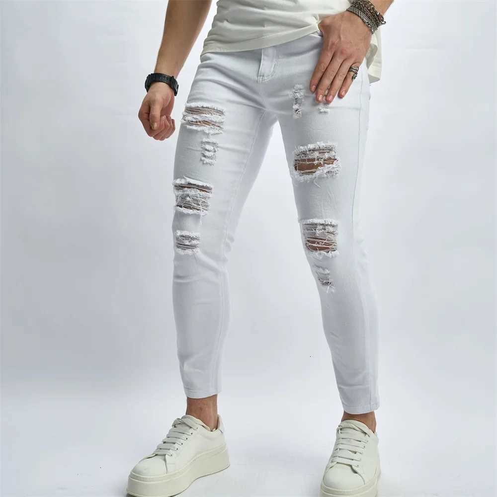 Mens Street Distressed White Skinny Jeans Men Good Quality Stylish HipHop Holes Slim Stretch Pencil Denim Pants W250905