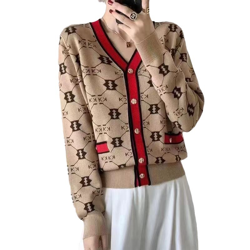 Temperament Office Lady Simplicity Women Clothing Printing Buttons Fashion Loose Autumn Winter Thin V-neck Long Sleeve Sweaters250723