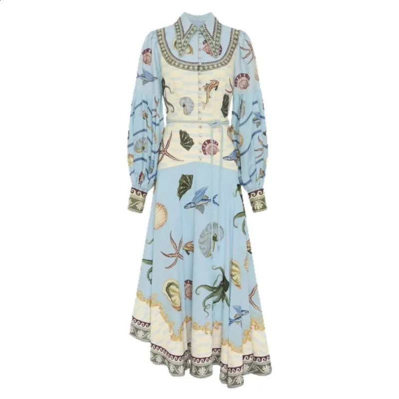 Women Vintage Floral Printed Shirt Collar Dresses Puff Sleeve Single Breasted Spring Summer Long A Line Female Elegant Vestidos 250904