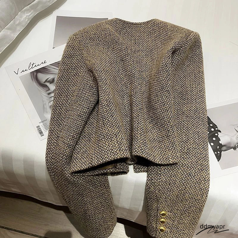 Vintage Cropped Tweed Jacket Women Elegant Short Blazer Autumn Korean Single-Breasted All Match Casual Chic Outerwear ddmyday Tops 240821