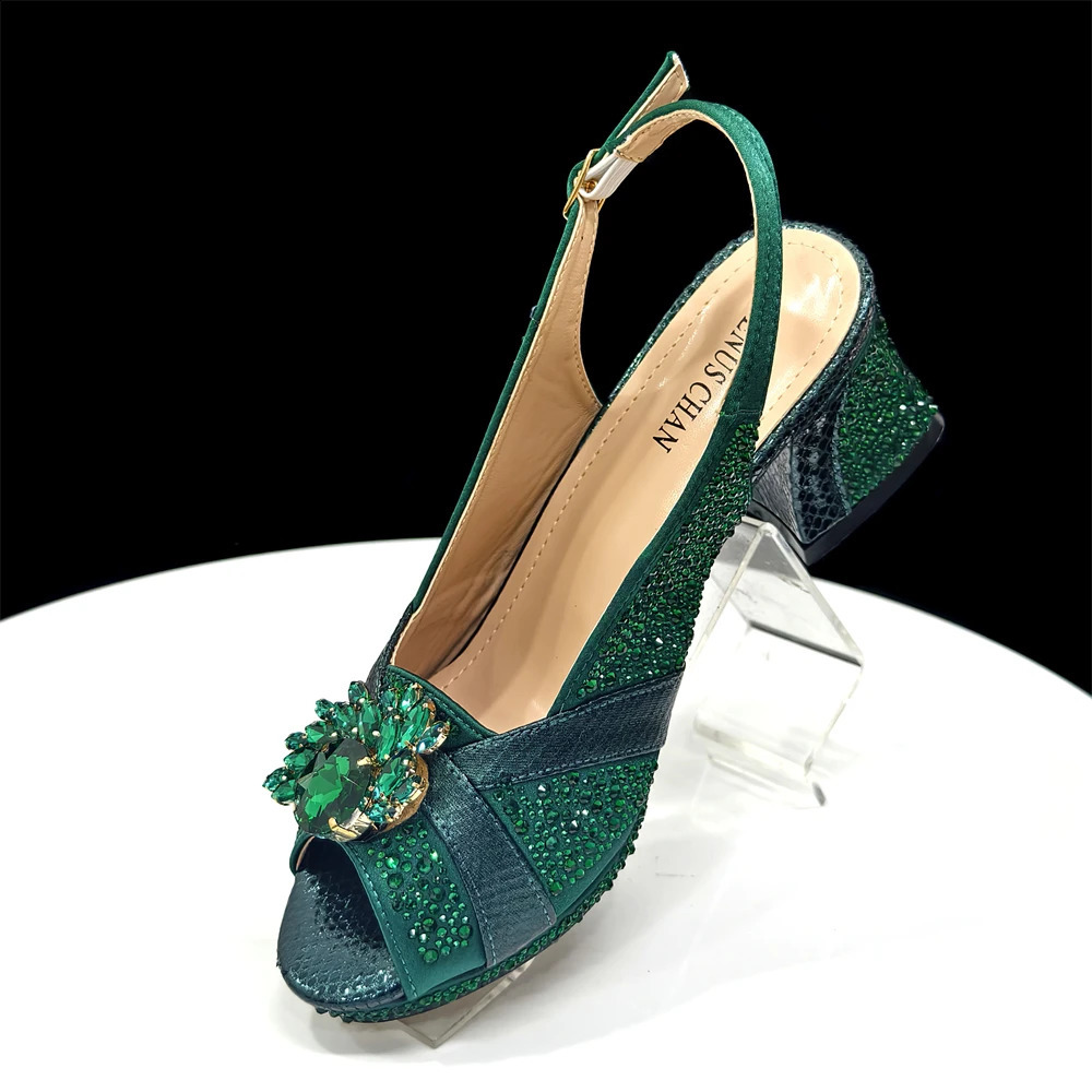 Elegant Green PeepToe Heel Pumps for Women with Diamond Accents Italian Matching Shoes and Bags Set Parties 250905 - view 6