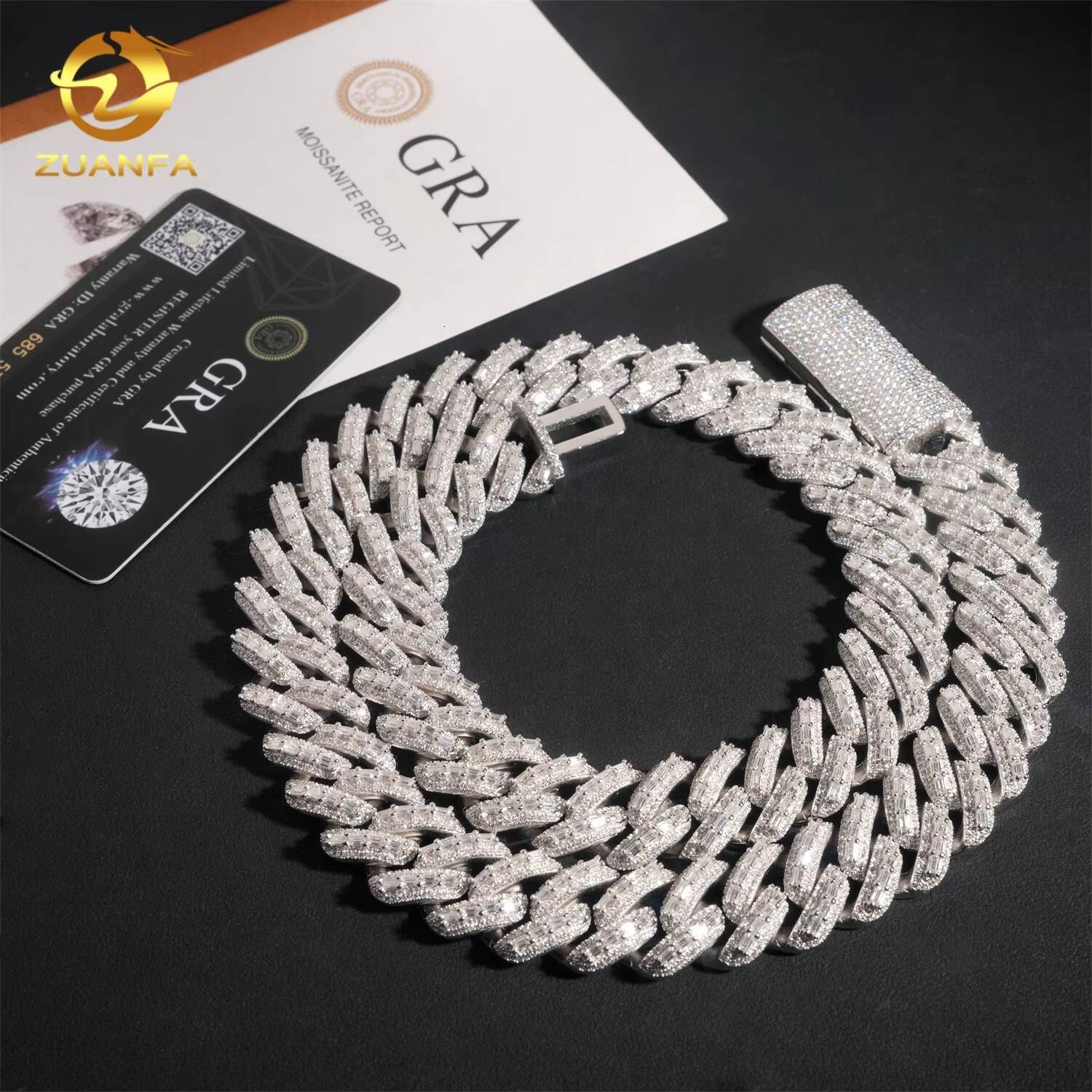 Hip Hop Jewelry 18mm Width Solid Heavy Baguette Diamond Iced Out 925 Sterling Silver Cuban Link Chain