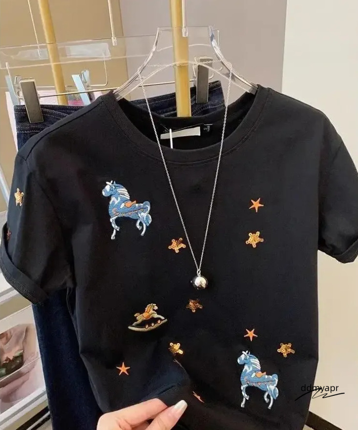 High-End Summer Pure Cotton ddmydec Short Sleeve Black T-Shirt Womens Fashion Top Metal Embellishment Crew Neck Tee European Style 250723