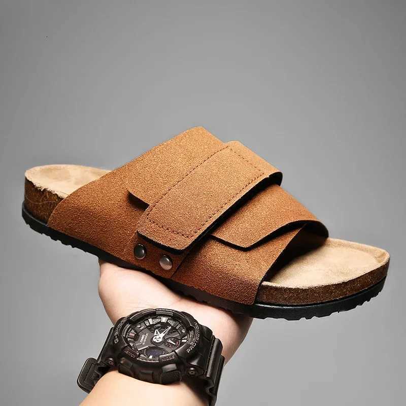 Cork Slippers Men Summer Beach Slides Suede Leather Womens Flat Sandals Fashionable Outdoor Male Mules Non Slip Babouche Femm W250905