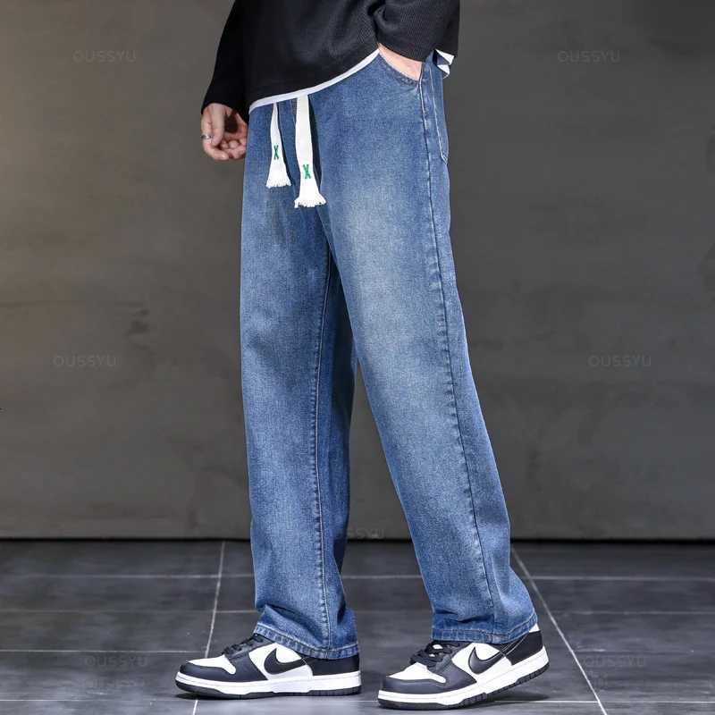 2025 New Autumn Winter Jeans Men Loose Straight Drawstring Elastic Waist Casual Denim Trousers Male Thick Pants Large Size M5XL W250905