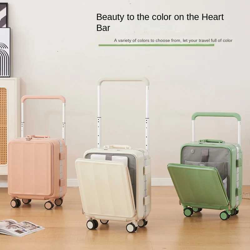 Frontopening Luggage Case 1820 inches Small Lightweight Carryon Suitcase Multifunctional Aluminum Frame Trolley Suitcase Z250905