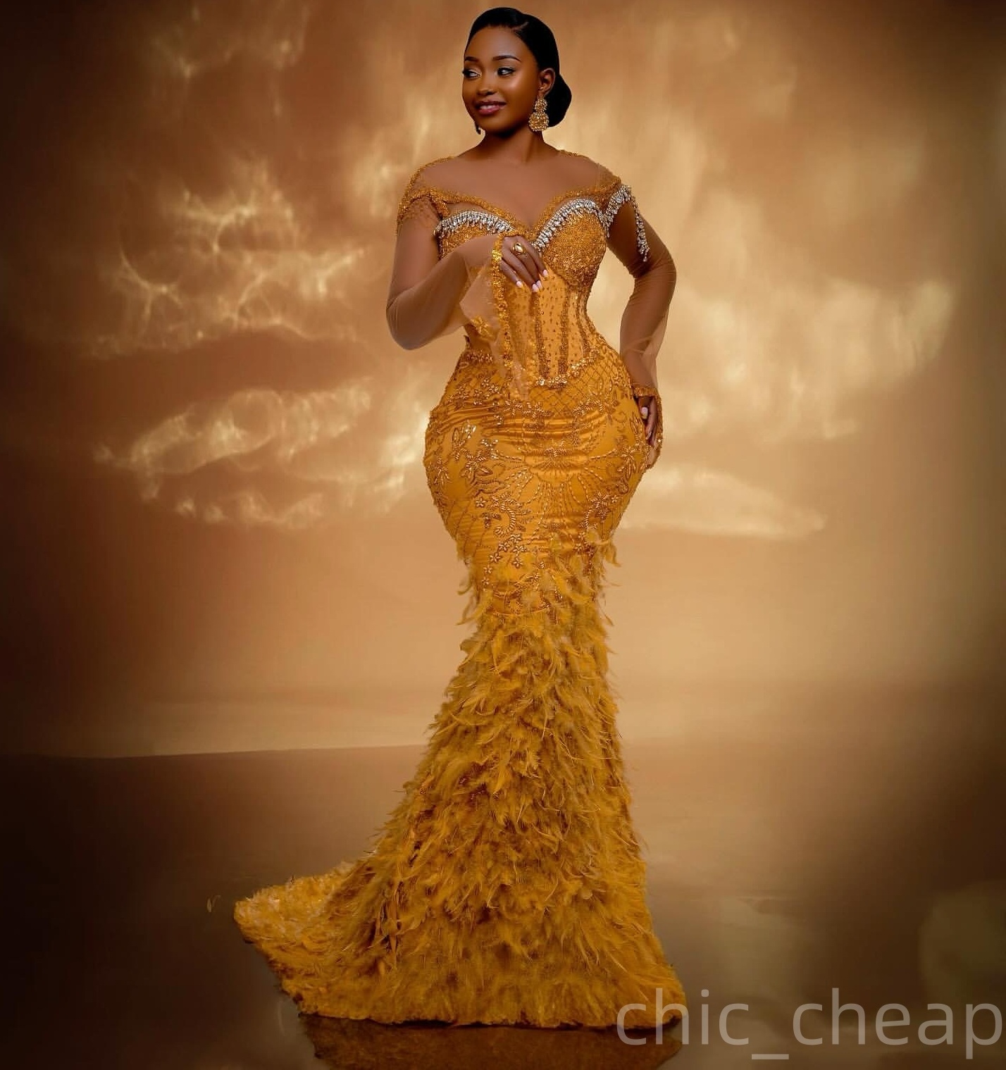 Aso Ebi Mermaid Yellow Prom Dresses 2025 Crystals Beaded Feaher Lace Evening Formal Party Second Birthday Engagement Gowns Plus Size Dress For Special