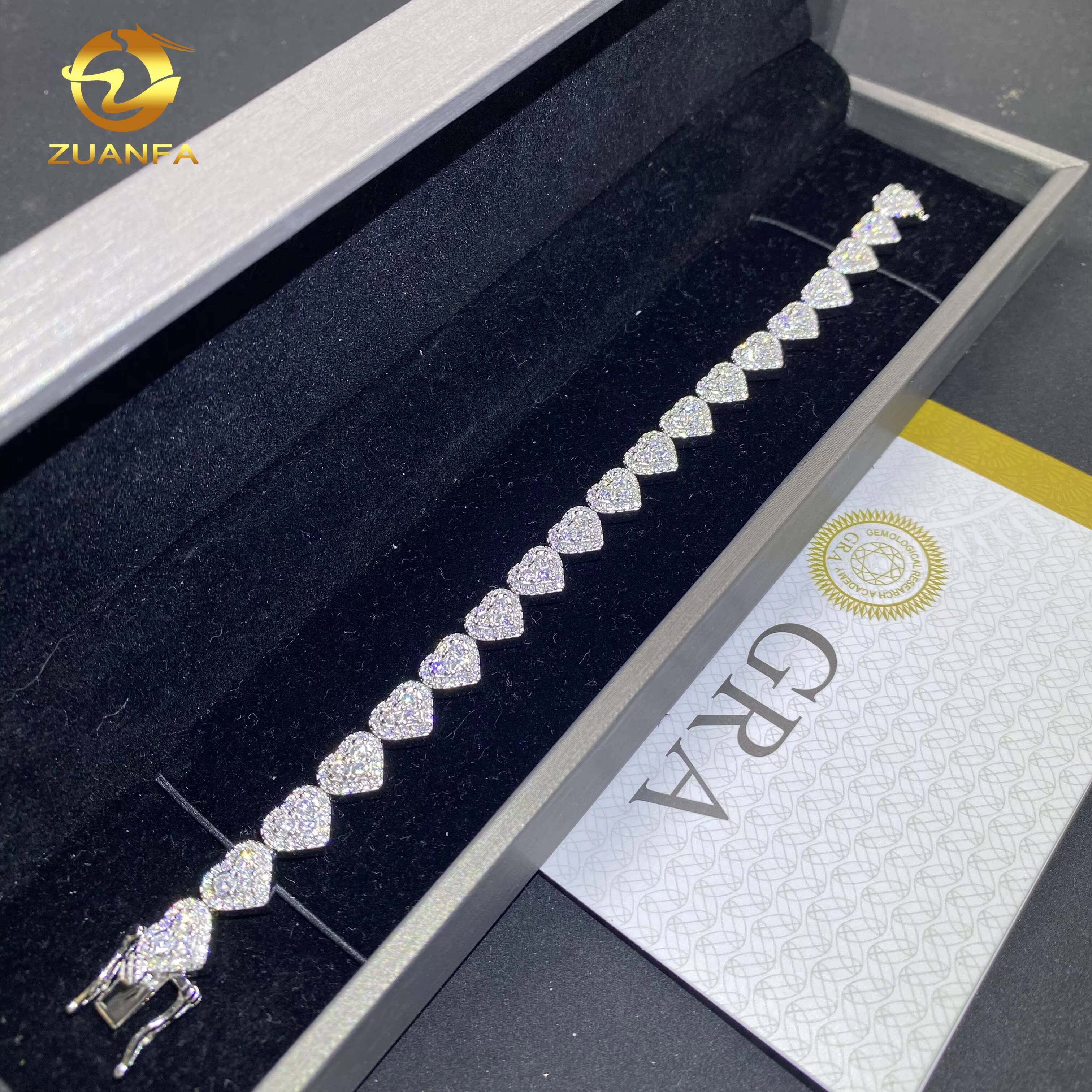 8mm Heart Shape Hip Hop Jewelry Iced Out Diamond Cuban Link Chain 925 Sliver VVS Moissanite Miami Cuban Chain Bracelet