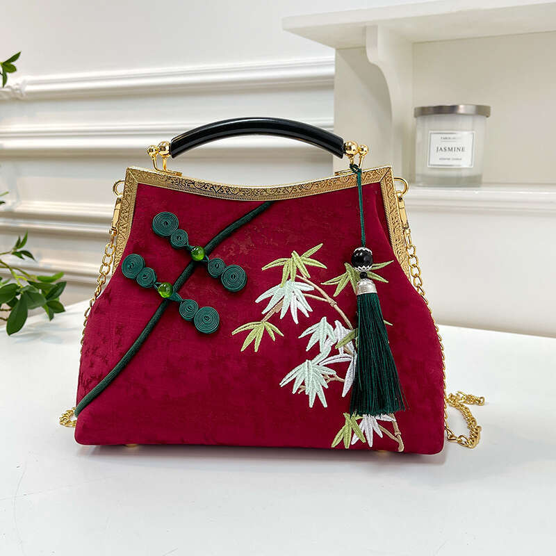 Rich Bamboo Embroidered Handbag Female Catwalk New Big Buckle Decorative Chinese Style Elegant Cheongsam Bag
