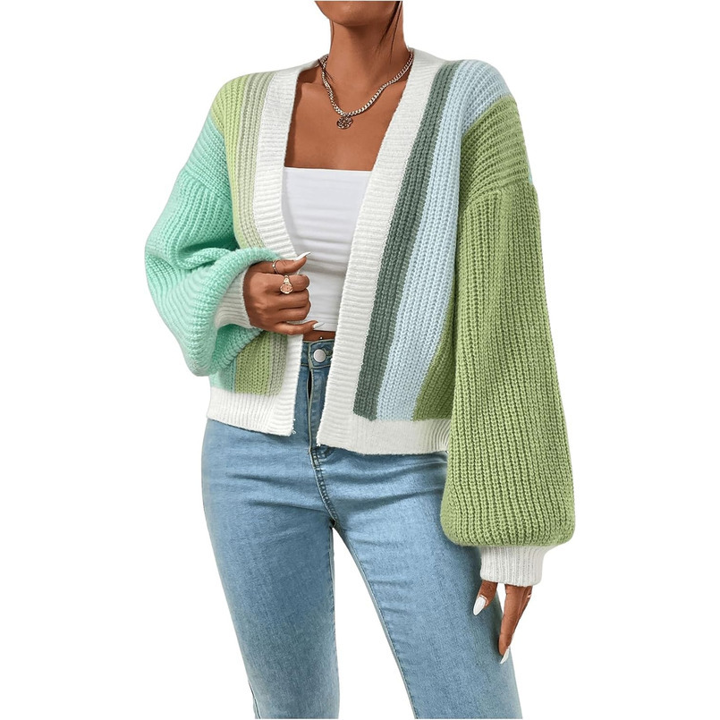 Women's Color Block Open Front Long Sleeve Ribbed Knit Cropped Cardigan Sweaters