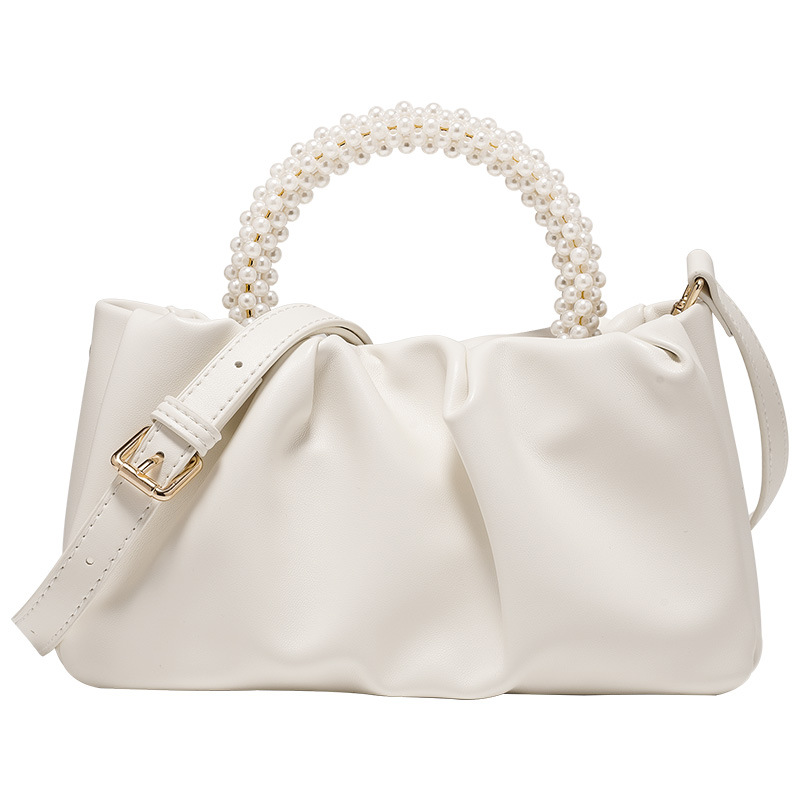 French Niche Pearl Handbag Cloud 2025 New Women's Crossbody Soft Leather Pleated Bucket Bag fashion Designer