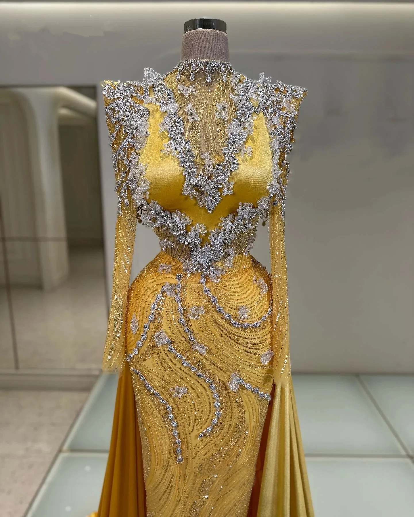 Sparkly Crystal Evening Dresses Rhinestone Prom Dress Overskirts High Neck Long Sleeves Mermaid Party Gowns Vestidos De Noche Plus Size