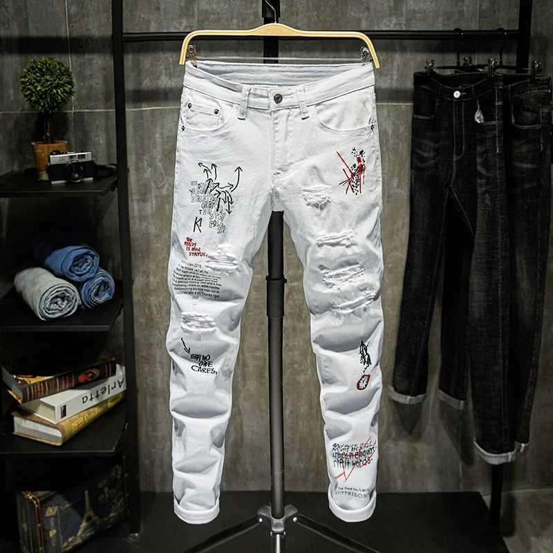 New Men Streetwear personality Ripped printed white skinny Jeans Hip Hop Punk Casual motorcycle stretch denim jeans trousers W250905