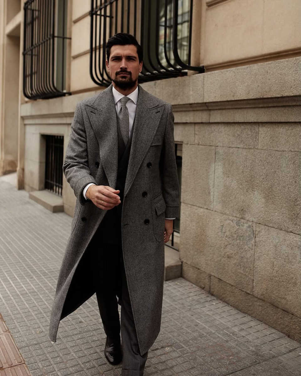 Winter Men Long OverCoat One Piece Peaked Lapel Double Breasted Formal Business Wedding Tuxedos Customized