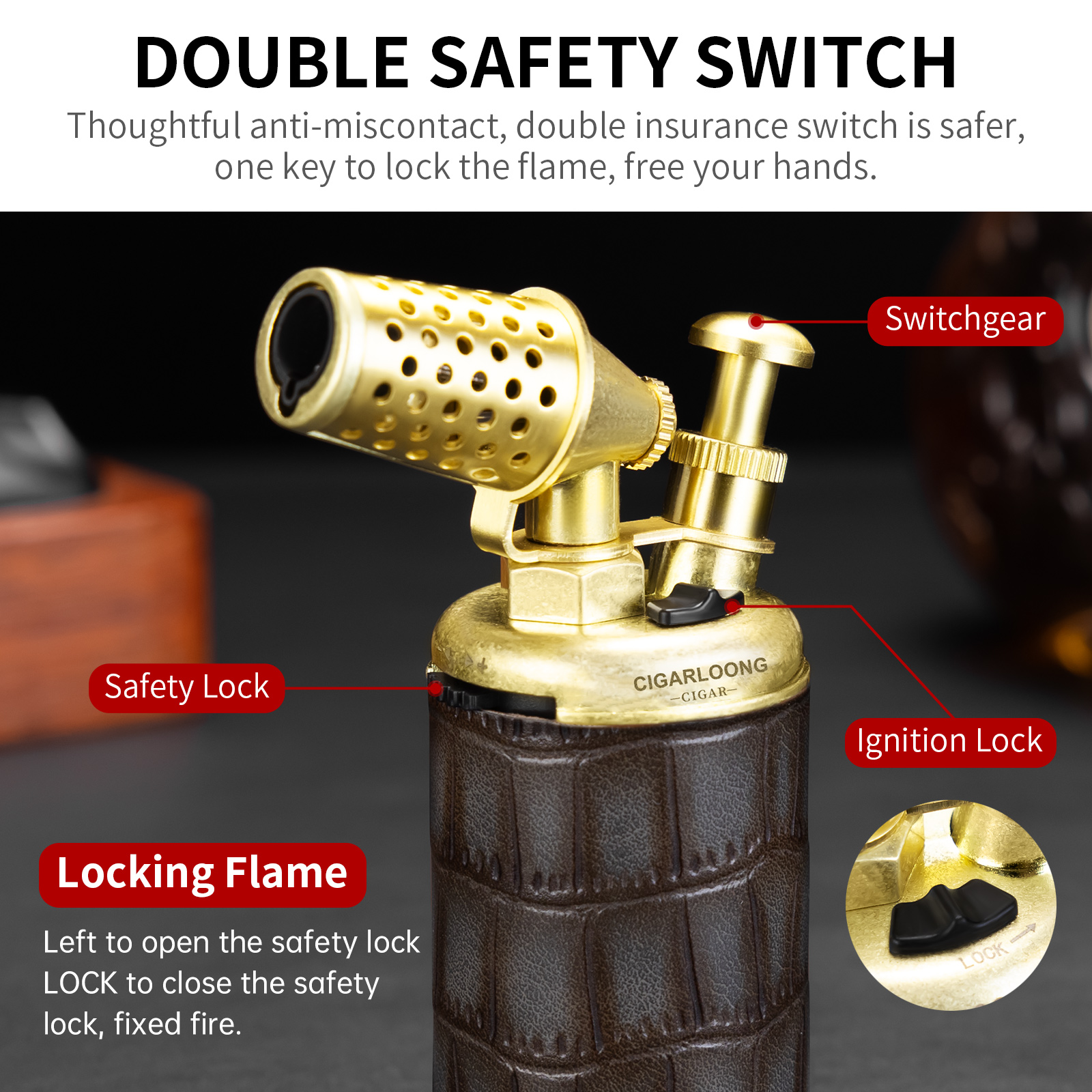 CIGARLOONG Torch Lighter,2-in-1 Windproof Butane Refillable Lighter Built-in Cigar Punch with Gift Box Without Gas W260202