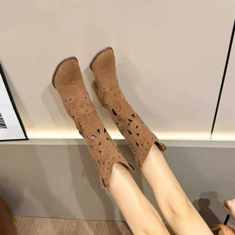 2025 New Womens Midcalf Boots Suede Leather Hollow Out Boots for Women Western Cowboy Boots Fashion Knight Booties Botas Mujer L250905