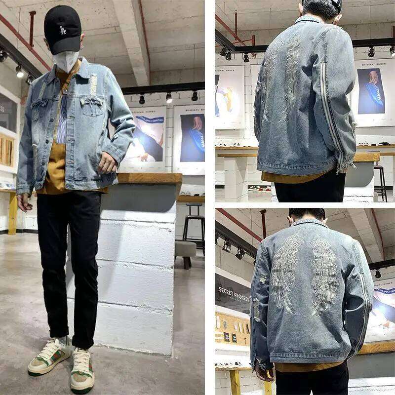 Vintage Distressed Denim Jacket Men's Angel Wings Embroidery Loose Fit Zip Cuff Ripped Elbow Korean Spring Fall Streetwear Coat