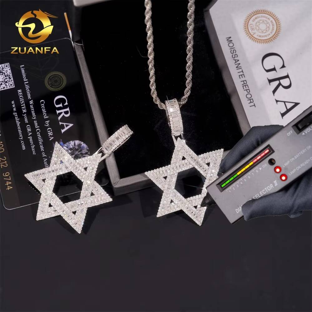 Hip Hop Moissanite Jewelry Custom Iced Out Baguette Star Shape Pendant 925 Silver VVS D Moissanite Diamond Fine Charm Pendant
