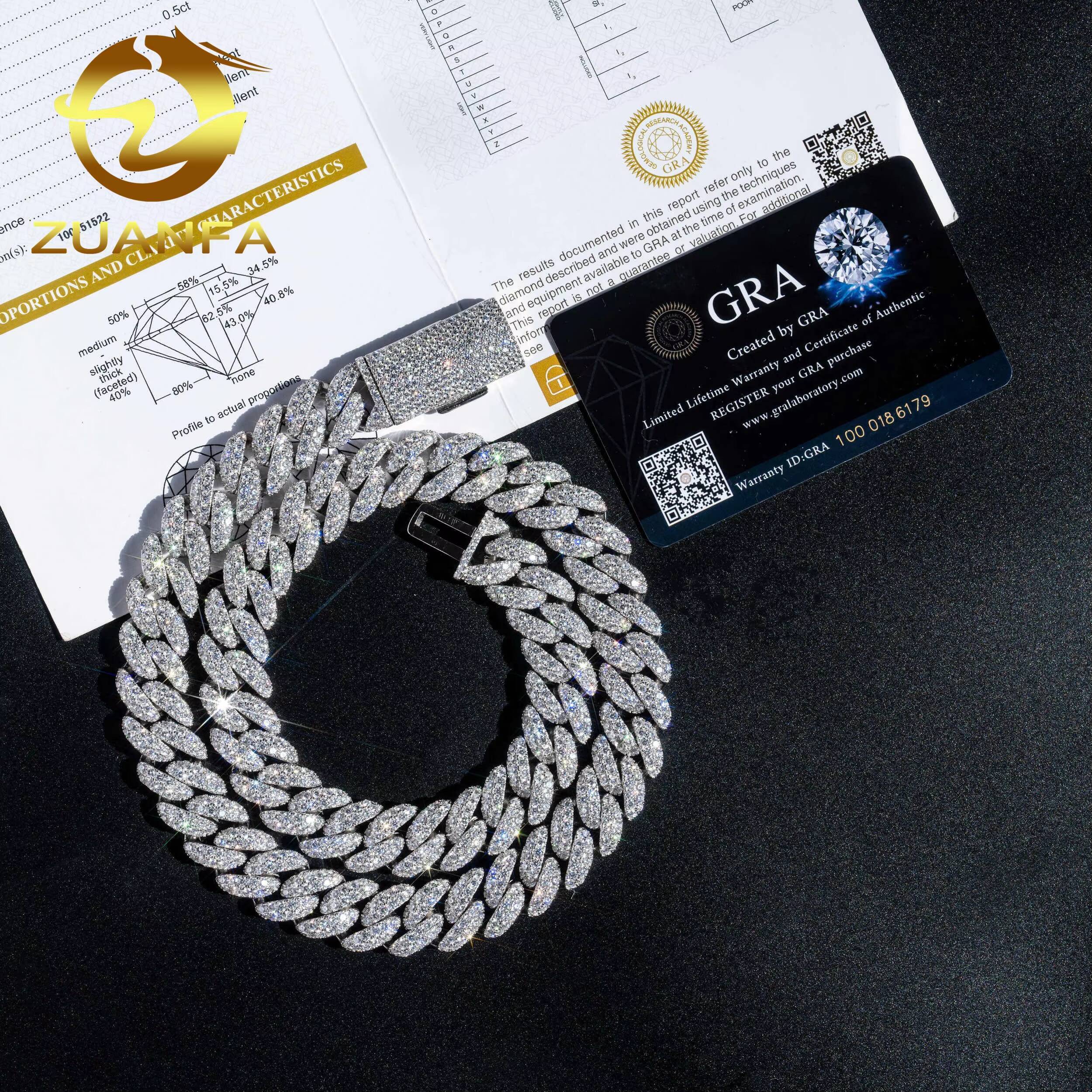Wholesale Luxury 925 Sterling Silver Jewelry 15mm Custom Necklace Iced Out Cuban Link VVS Moissanite Diamond Cuban Link Chain
