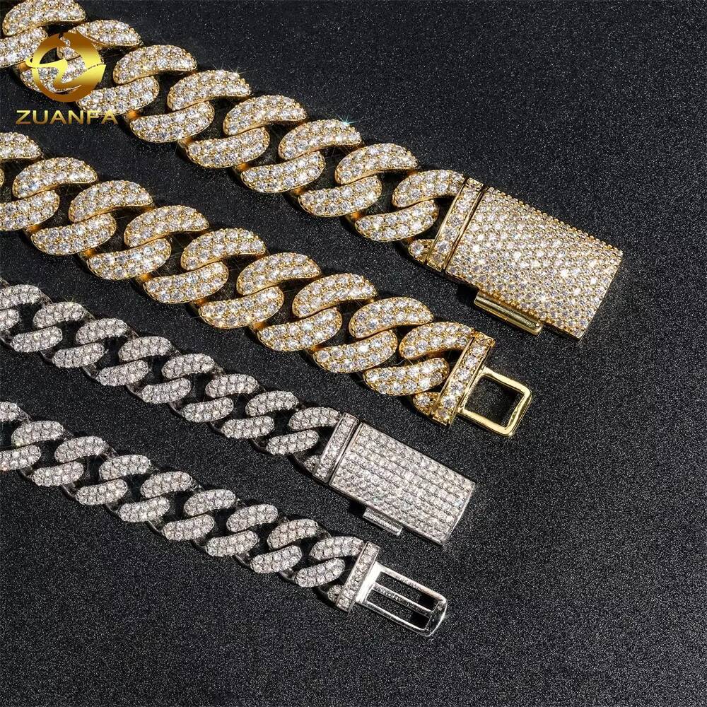 Yellow Gold White Gold Over Silver 10mm 18mm Iced Out SOLID Miami Cuban Link VVS Moissanite Iced Out Diamond Cuban Link Chain