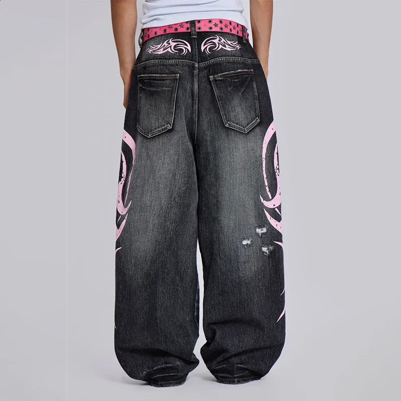 Y2K Baggy jeans Retro Harajuku distressed wash ripped wide leg cropped pants high street rock hip hop printed pattern zip 250823