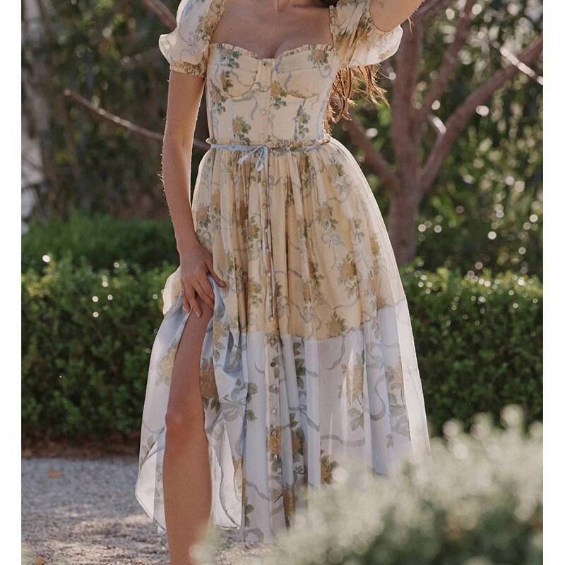 2025 design Decal Printed Bohemian Summer Dress Women's Retro Fluffy Sleeves A-line Midi Chiffon Dress Fashion Women's Vacation Robe Designe