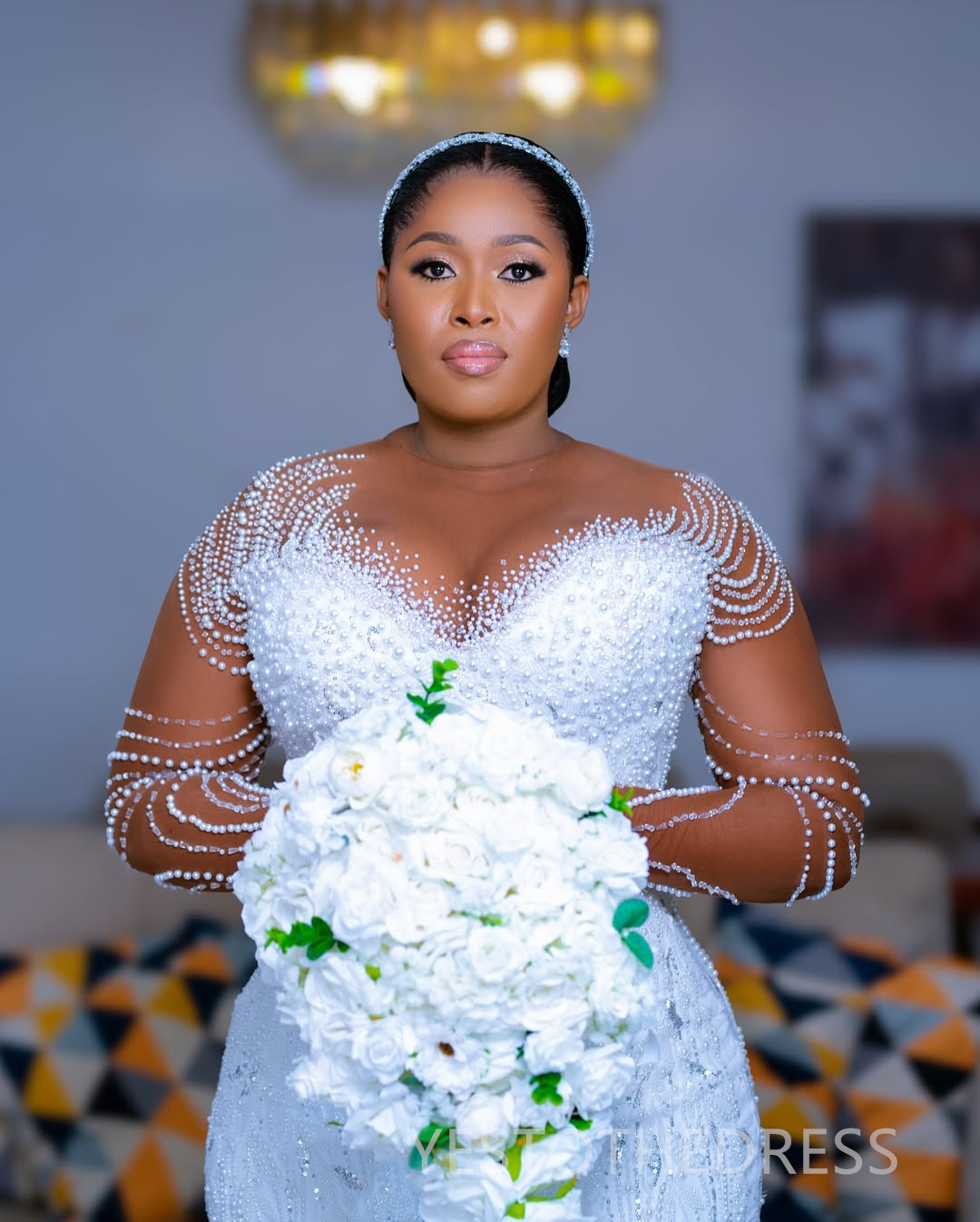 2025 Plus Size Wedding Dress Bridal Gowns For Bride Mermaid Detachable Train Illusion Long Sleeves Pearls Beaded Lace Bridal Dress For African Black G