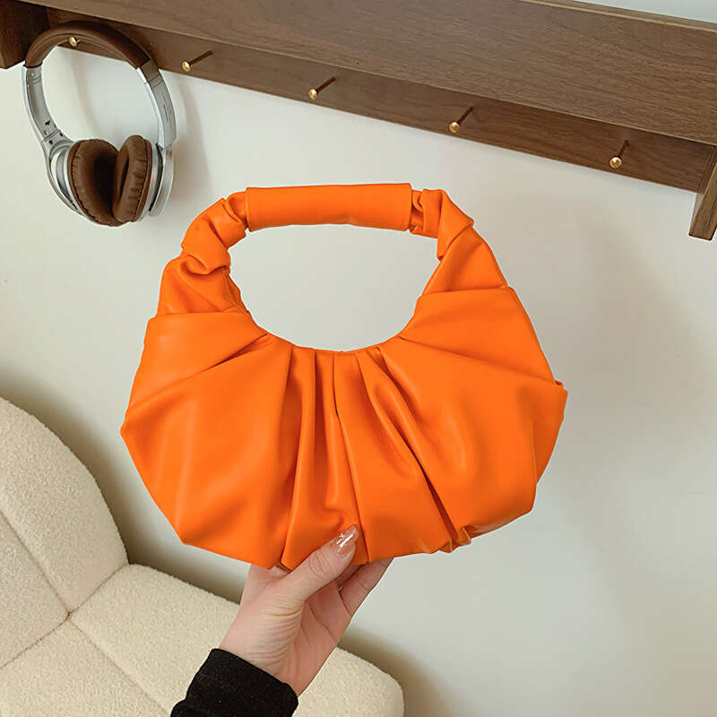 Women's Solid Color PU Cloud Bag Trendy Fashion Pleated Niche Design Handbag Elegant Ladies Shoulder Crossbody