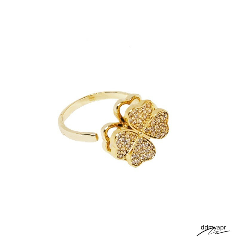 Sier-Plated Cubic ddmyday Zirconia Clover Ring With Rotating Feature - Elegant Stackable Accessory ddmyday ddmyday