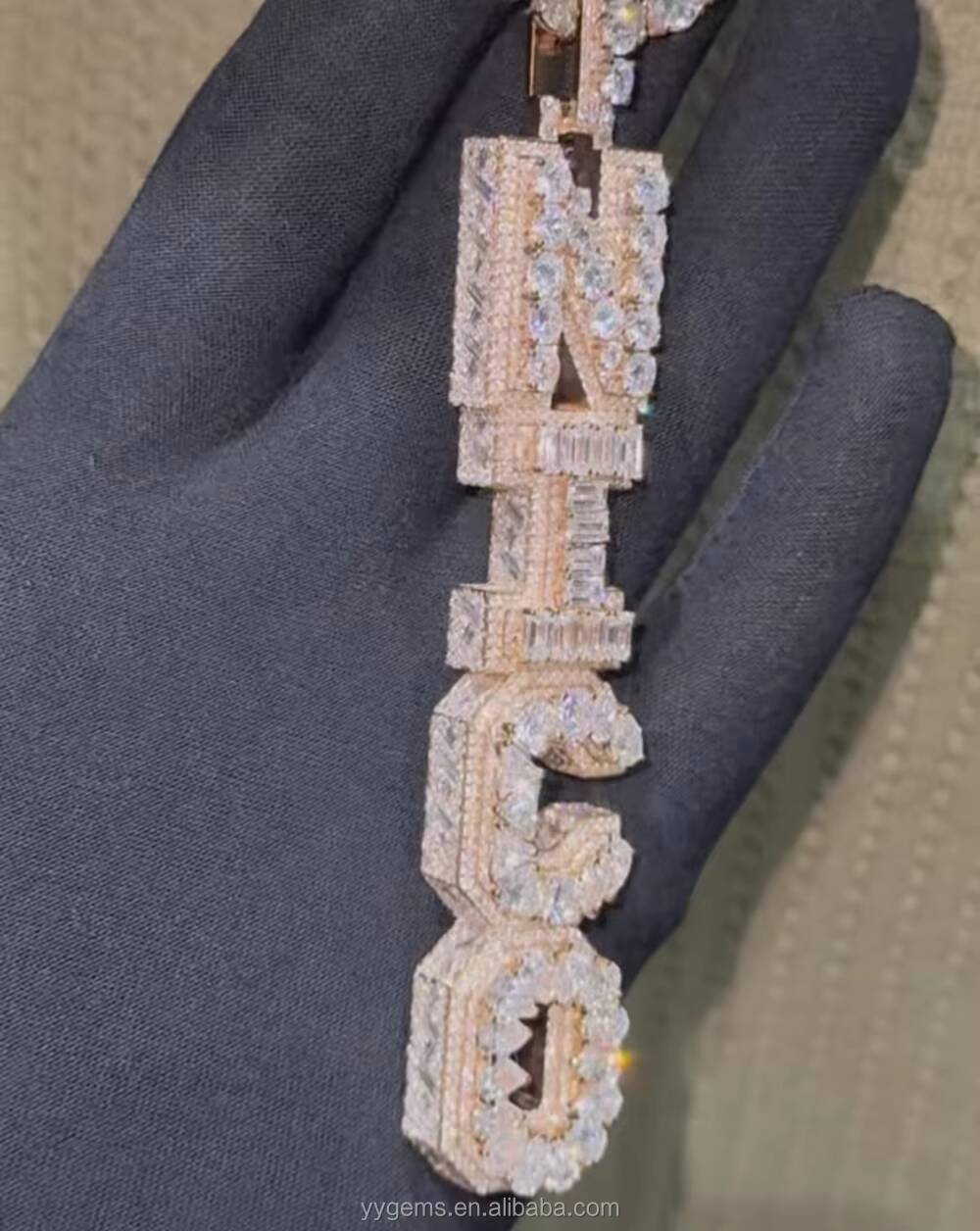 Custom Letters Long Pendant Baguette Moissanite 925 Sterling Silver Gold Plate Hip Hop Fashion Vertical Pendant Necklace Men