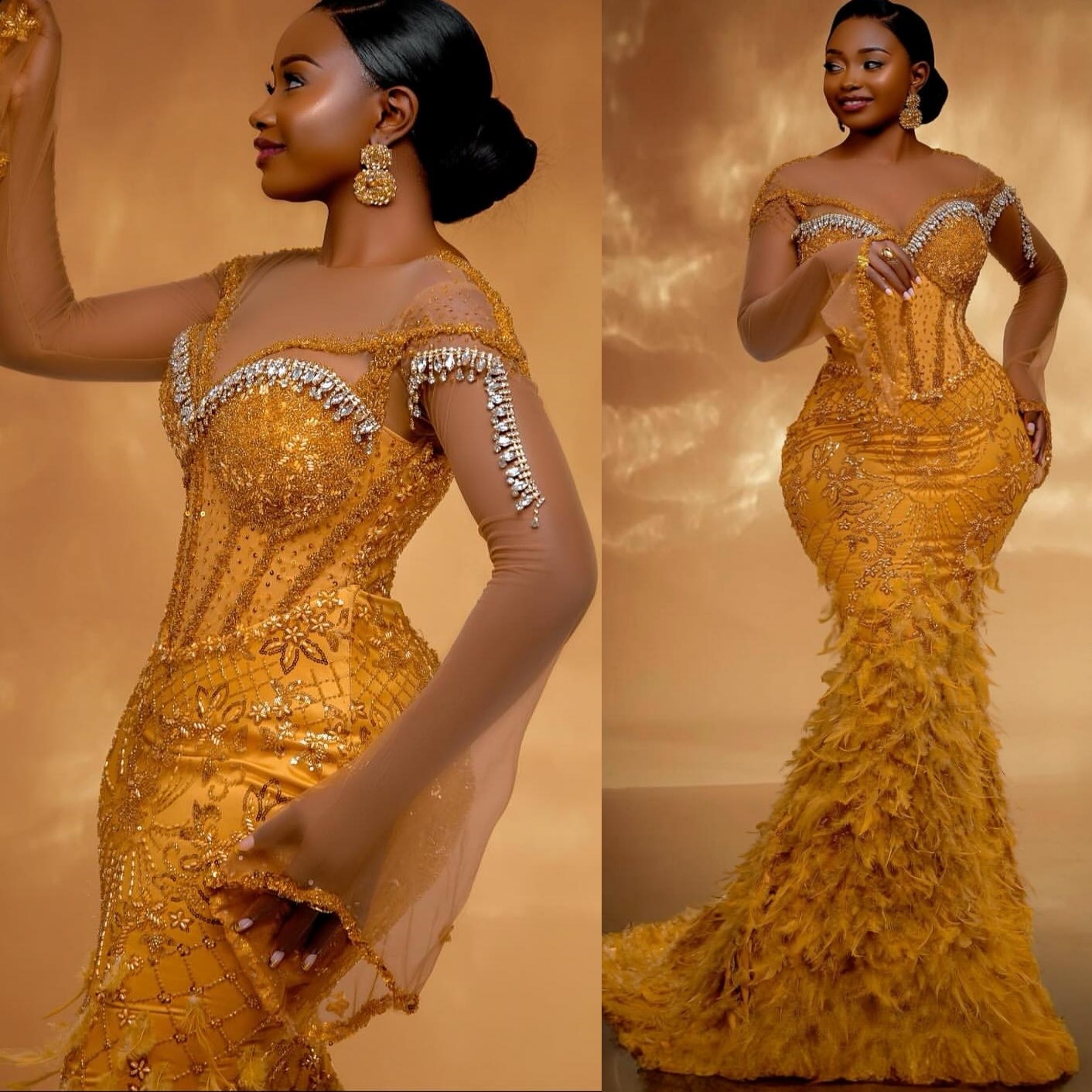 Aso Ebi Mermaid Yellow Prom Dresses 2025 Crystals Beaded Feaher Lace Evening Formal Party Second Birthday Engagement Gowns Plus Size Dress For Special