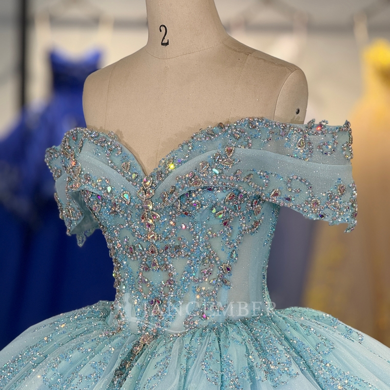 Sky Blue Shiny Quinceanera Dresses Off Shoulder Ball Gown Sweet 16 Dress Sequin Applique Lace Tull Beads Birthday Party Vestidos 15 De Anos