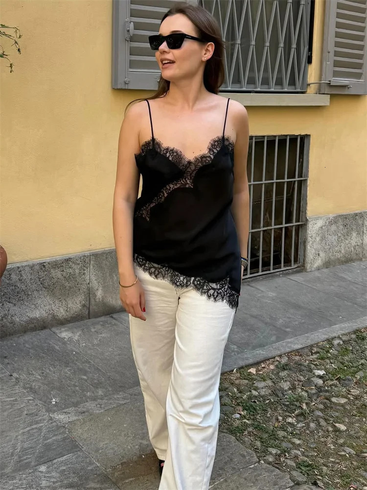 Tossy Lace Printed VNeck Camisole Female Patchwork Backless Sexy Summer Fashion Cropped Y2k Top Womens Tank Tee 250905