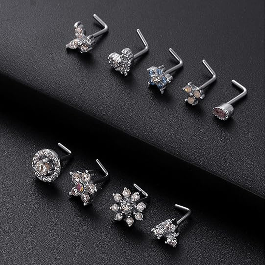 9Pcs Nose Rings Stud L Bone Screw Shaped Nose Ring Flower CZ Snowflake Butterfly Nose Stud Body Piercing Jewelry for Women Men 20G Silver Tone