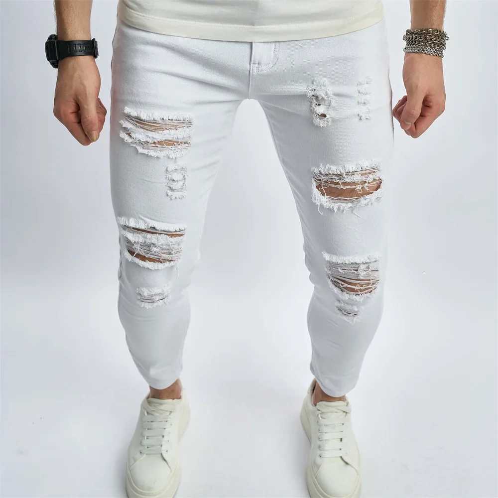 Mens Street Distressed White Skinny Jeans Men Good Quality Stylish HipHop Holes Slim Stretch Pencil Denim Pants W250905