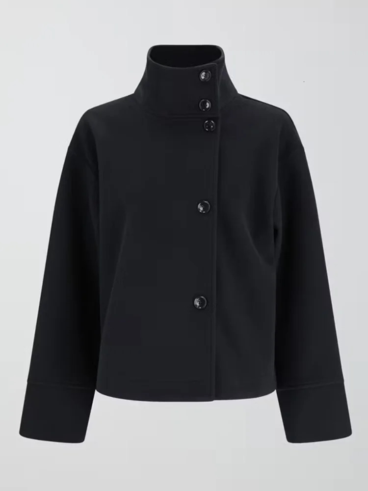 Casual Solid Woolen Coat Loose Full Sleeve Single Breasted Stand Collar Short Jackets Female 2025 Autumn Lady Outwears 250905